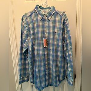 NWT Mens long sleeve button up shirt, size Medium. Blue, white, pink and green.
